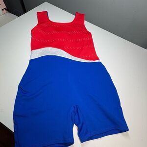 NWOT Kids Leotard Large Red Blue Silver Gymnastics Rhinestones Unitard